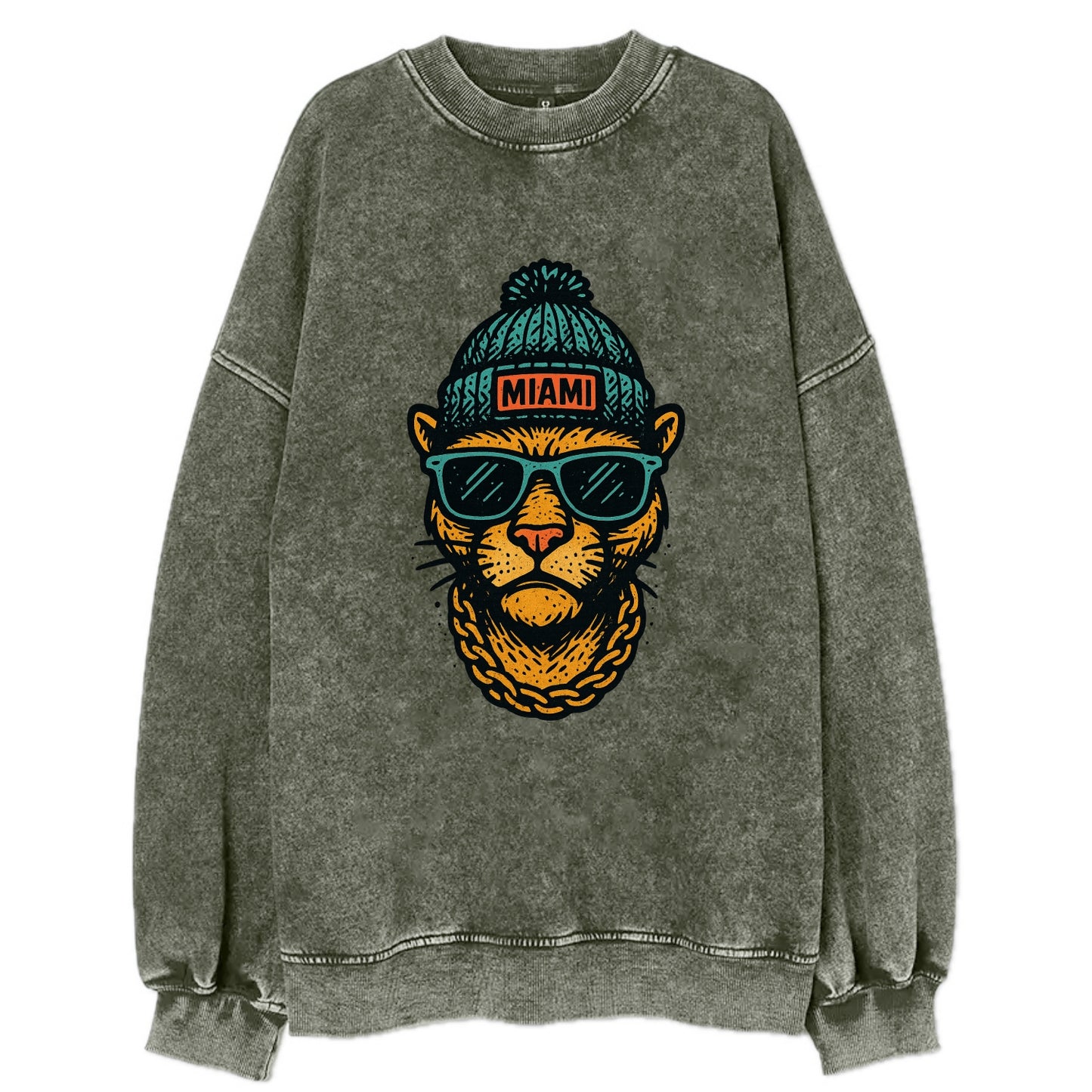 Florida Panther wearing Miami beanie with pom pom and wayfarer sunglasses - Vintage Sweatshirt - Forest Mist(Green)