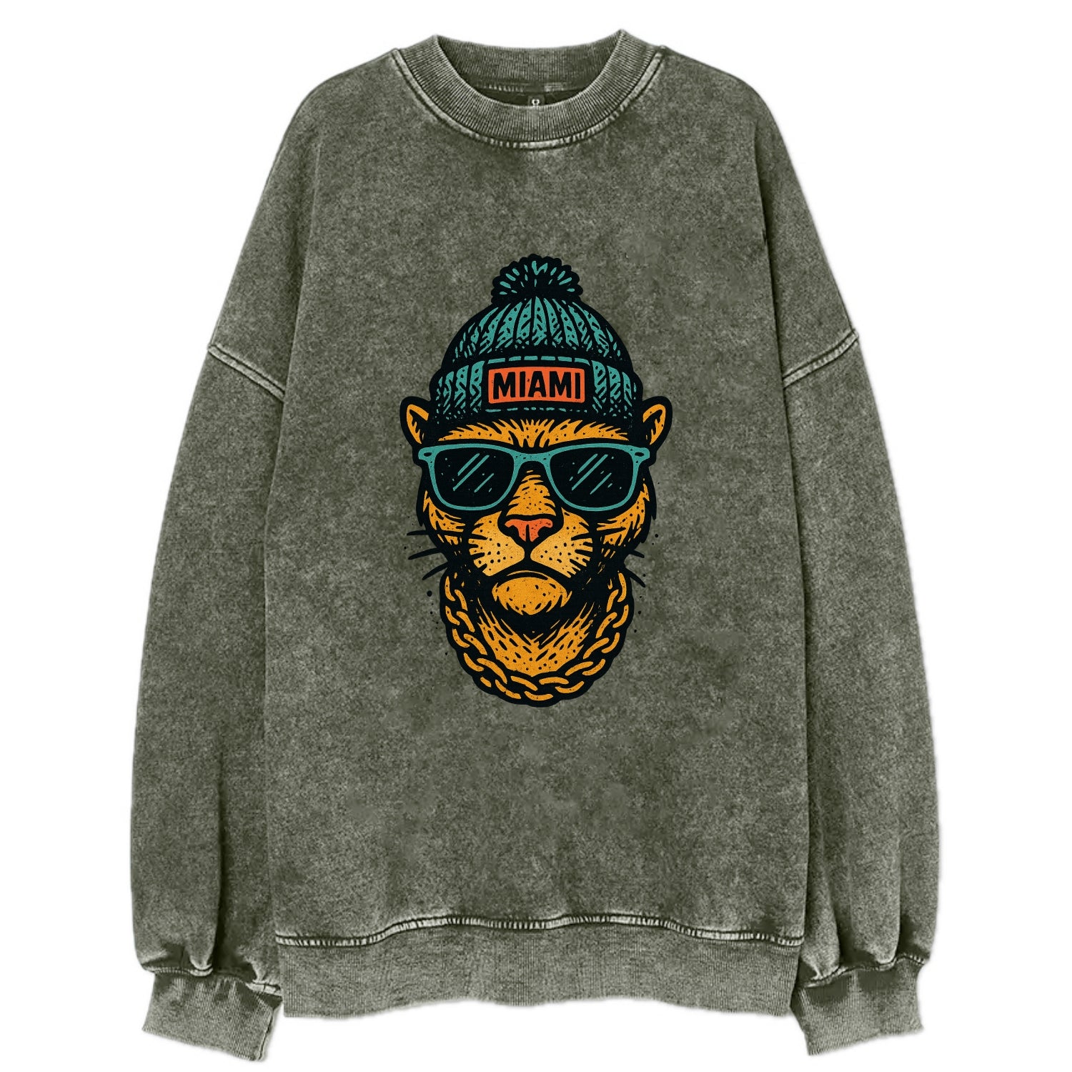 Florida Panther wearing Miami beanie with pom pom and wayfarer sunglasses - Vintage Sweatshirt - Forest Mist(Green)