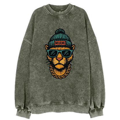 Florida Panther wearing Miami beanie with pom pom and wayfarer sunglasses - Vintage Sweatshirt - Forest Mist(Green)