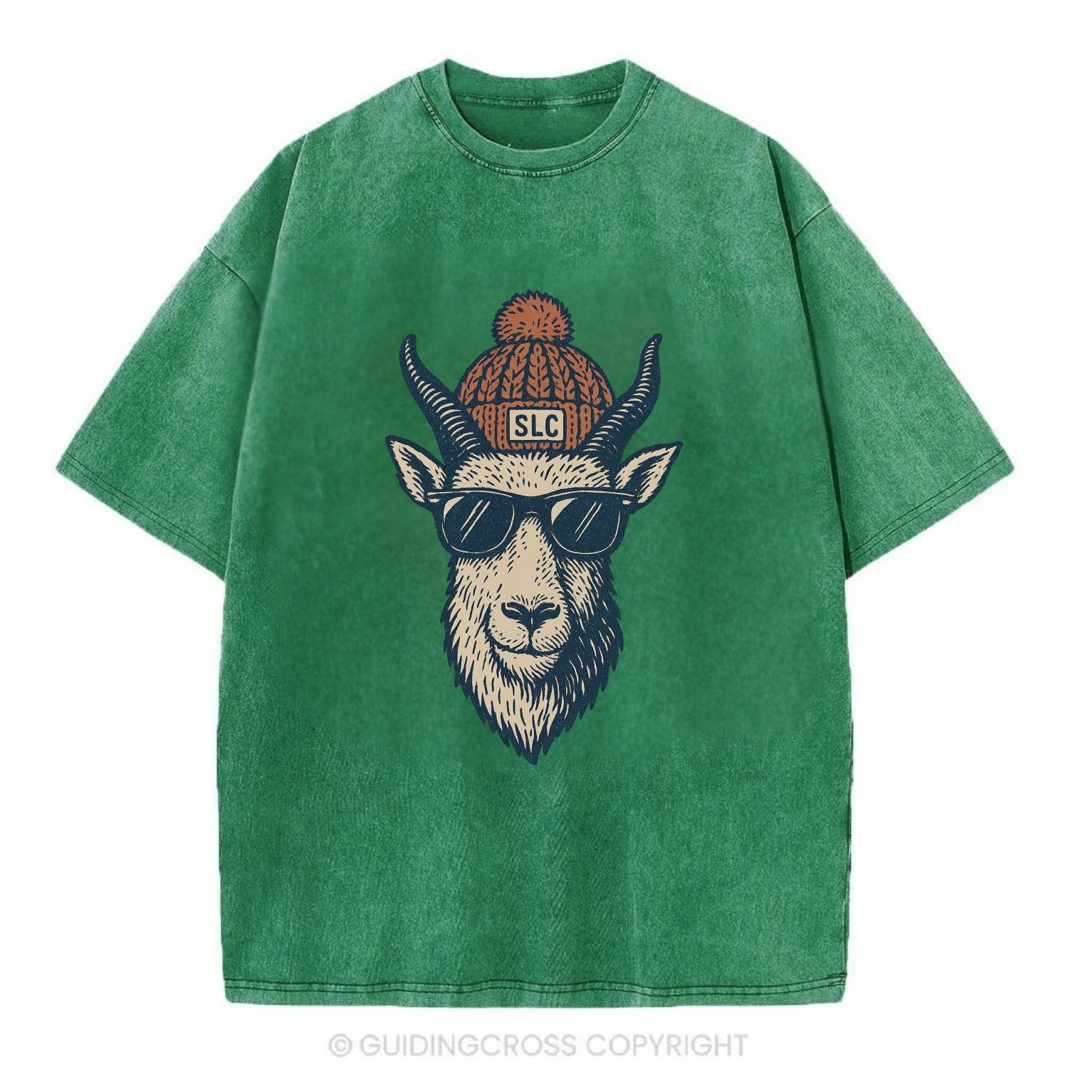 Salt Lake City Mountain Goat wearing SLC beanie with pom pom and wayfarer - Vintage T-shirt - Forest Mist(Green)