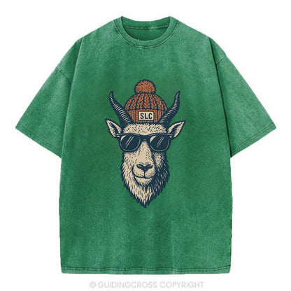 Salt Lake City Mountain Goat wearing SLC beanie with pom pom and wayfarer - Vintage T-shirt - Forest Mist(Green)