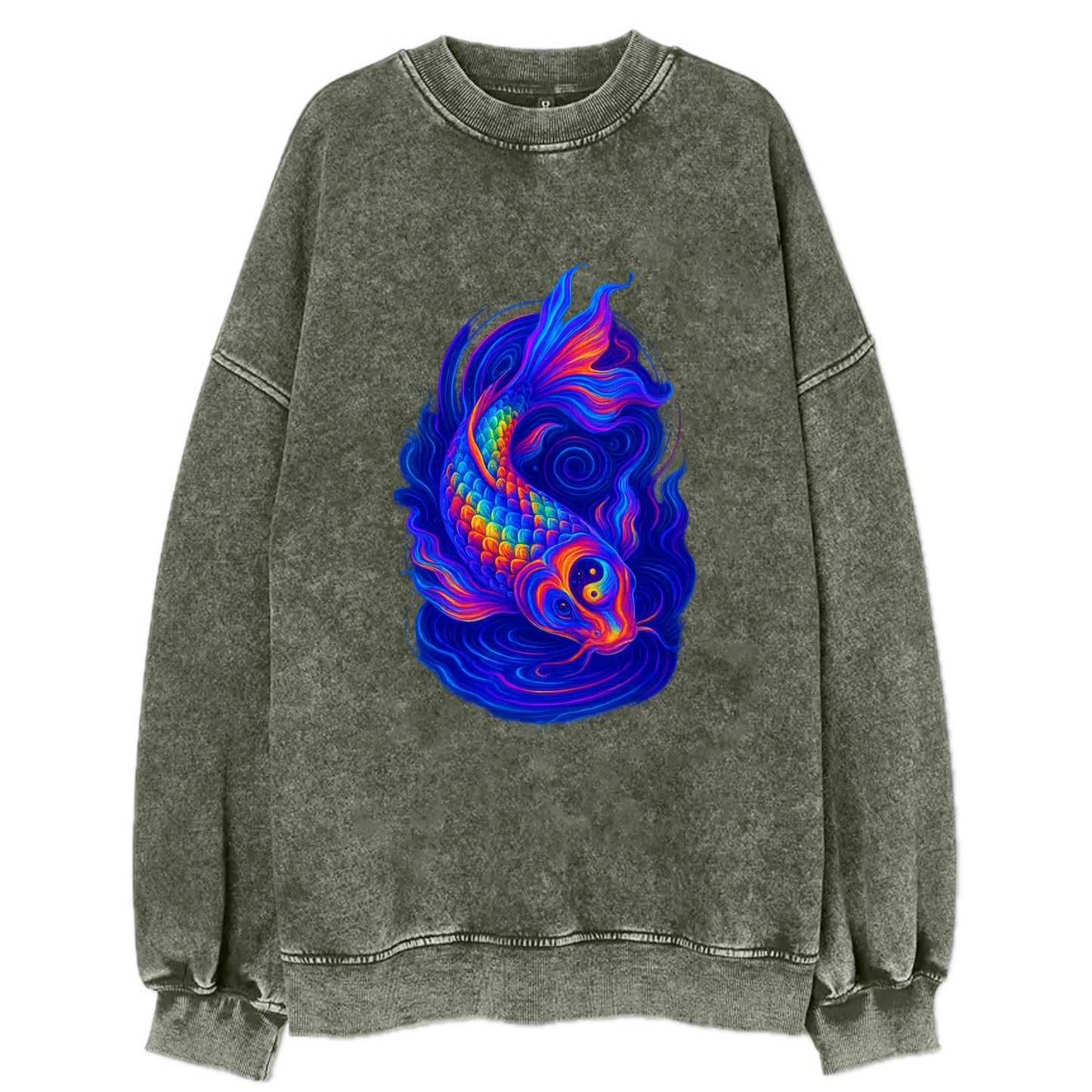 Sacred koi with scales reflecting rainbow prisms, yin-yang patterns in cosmic - Vintage Sweatshirt - Forest Mist(Green)