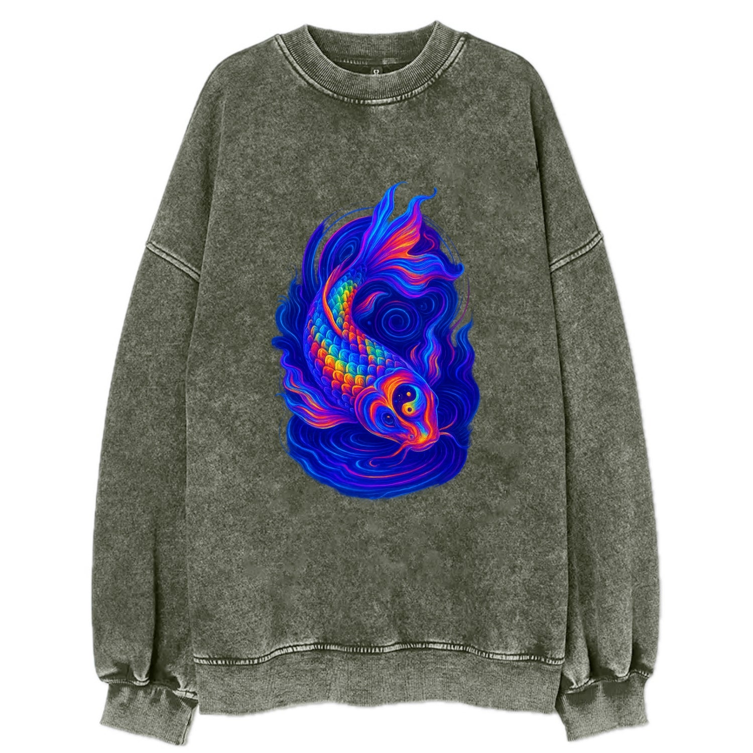 Sacred koi with scales reflecting rainbow prisms, yin-yang patterns in cosmic - Vintage Sweatshirt - Forest Mist(Green)