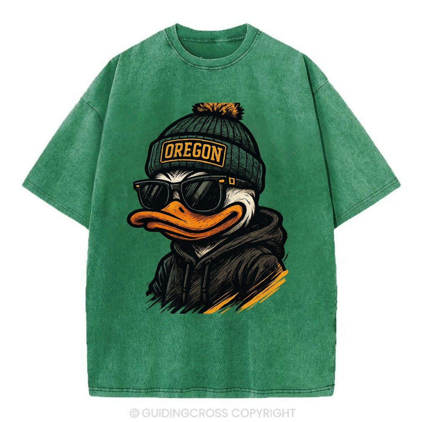 Eugene Duck wearing Oregon beanie with O patch - Vintage T-shirt - Forest Mist(Green)