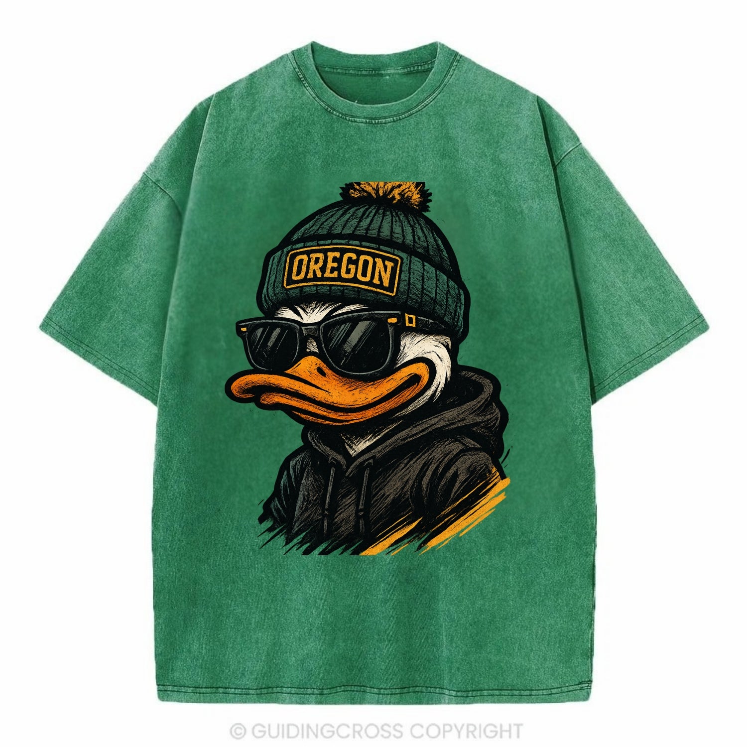 Eugene Duck wearing Oregon beanie with O patch - Vintage T-shirt - Forest Mist(Green)