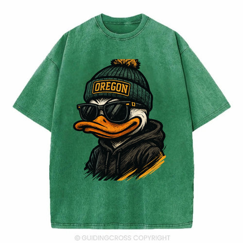 Eugene Duck wearing Oregon beanie with O patch - Vintage T-shirt