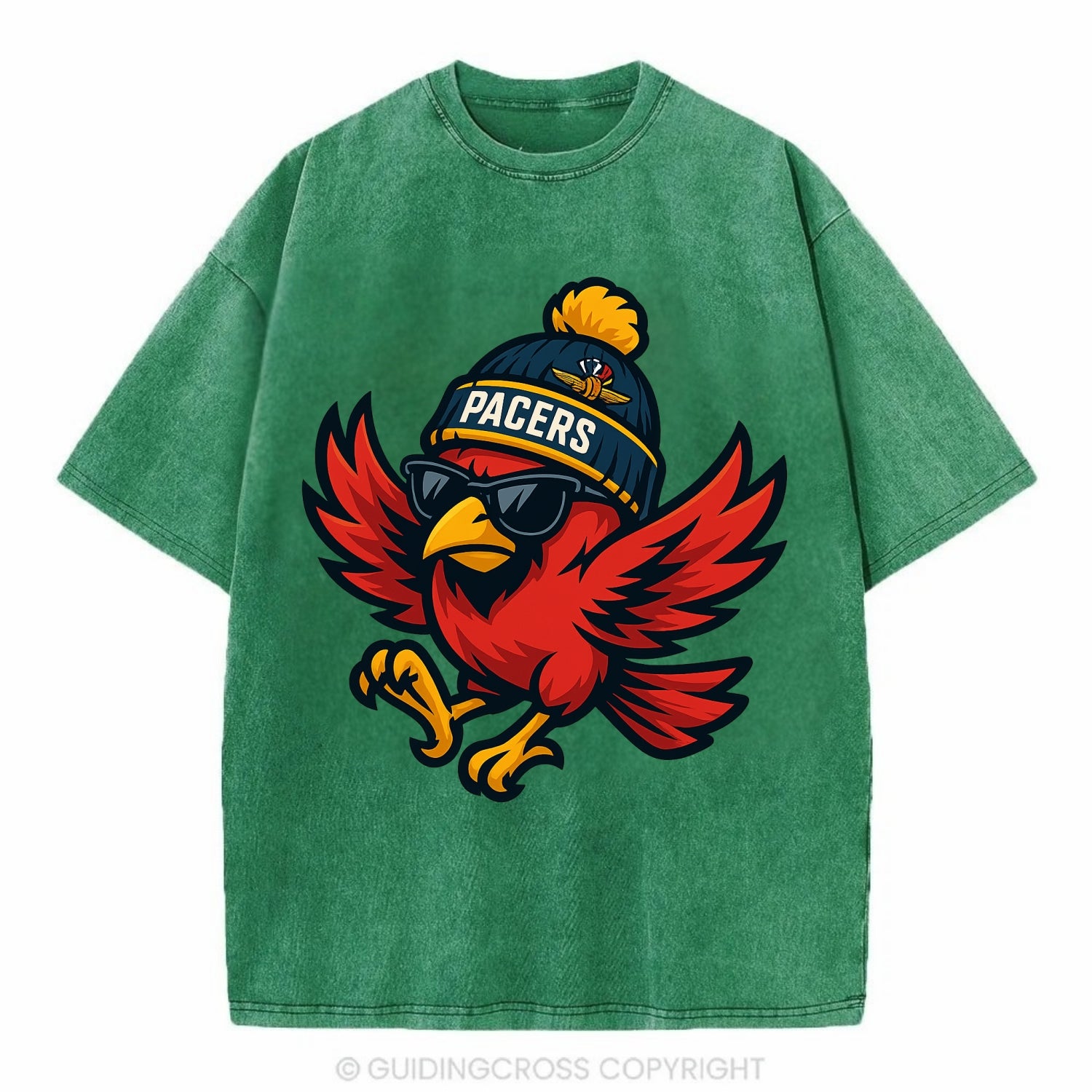 Indiana Cardinal wearing Pacers beanie with speedway patch and wayfarer sunglasses - Vintage T-shirt - Forest Mist(Green)