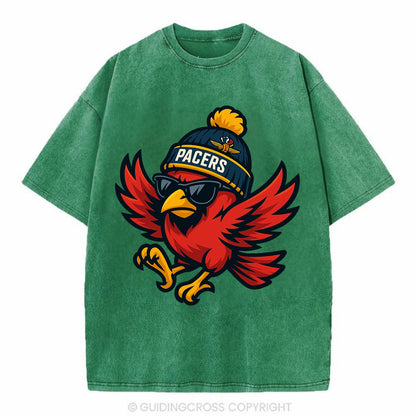 Indiana Cardinal wearing Pacers beanie with speedway patch and wayfarer sunglasses - Vintage T-shirt - Forest Mist(Green)