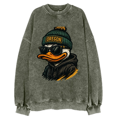 Eugene Duck wearing Oregon beanie with O patch - Vintage Sweatshirt