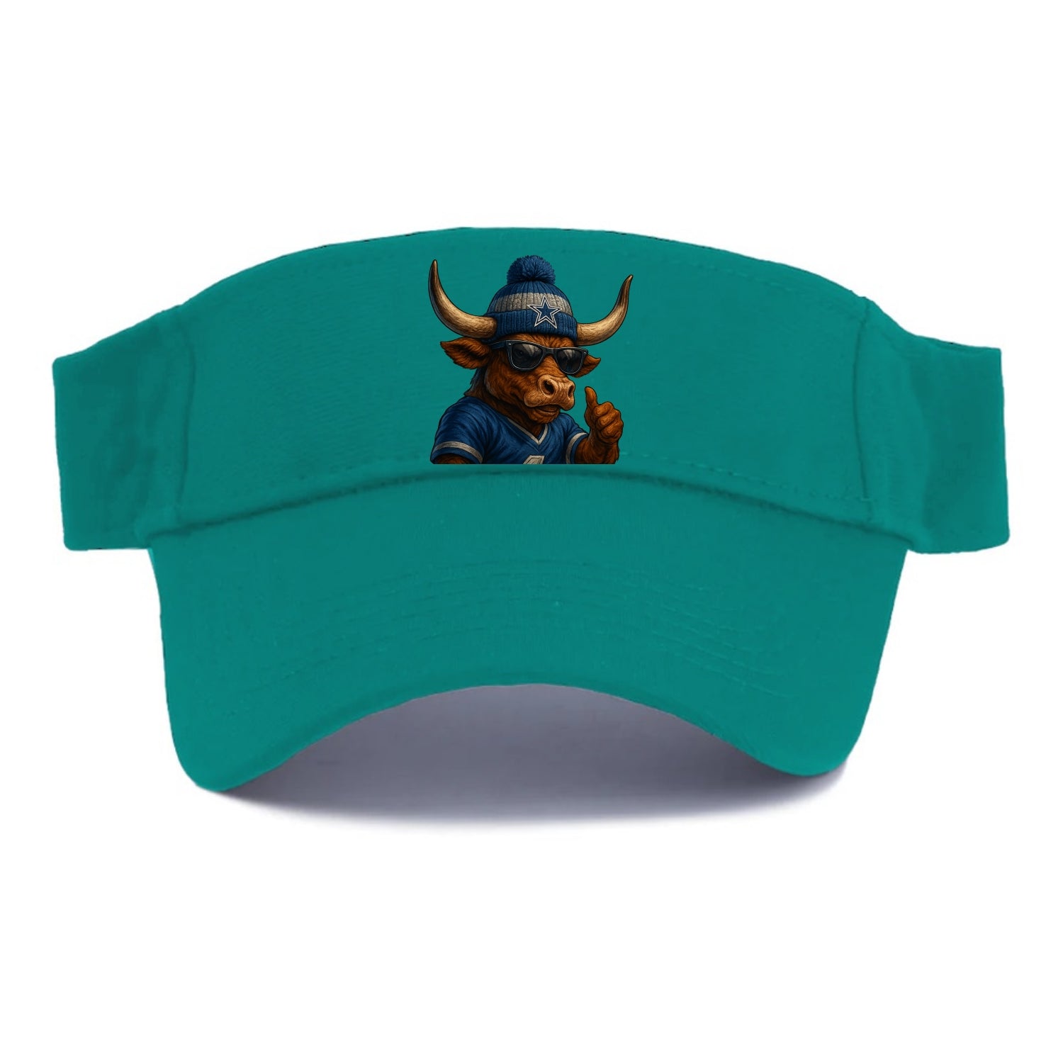 Texas Longhorn wearing Cowboys silver and blue beanie with star and wayfarer sunglasses - Visor - Forest Mist(Green)