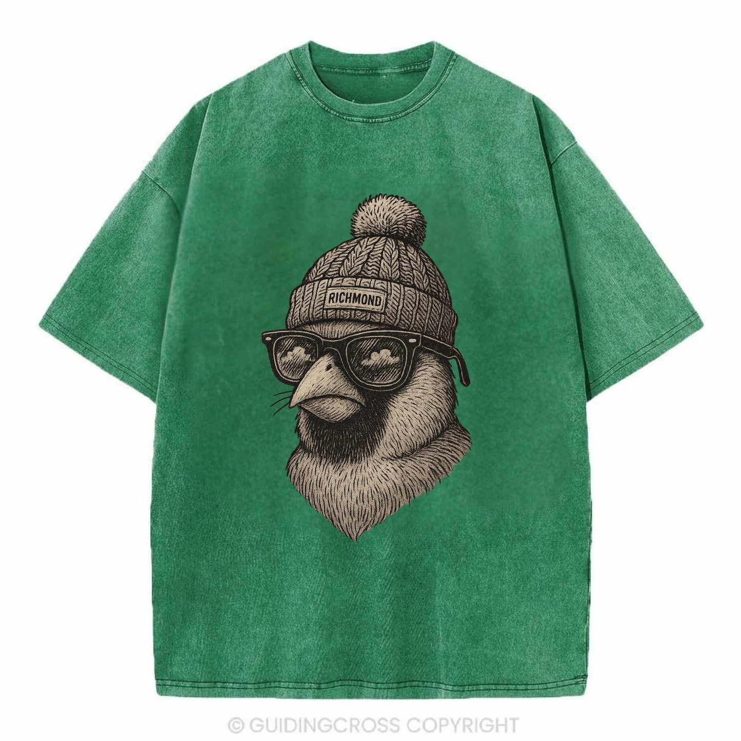 Virginia Cardinal wearing Richmond beanie with pom pom and wayfarer sunglasses - Vintage T-shirt - Forest Mist(Green)