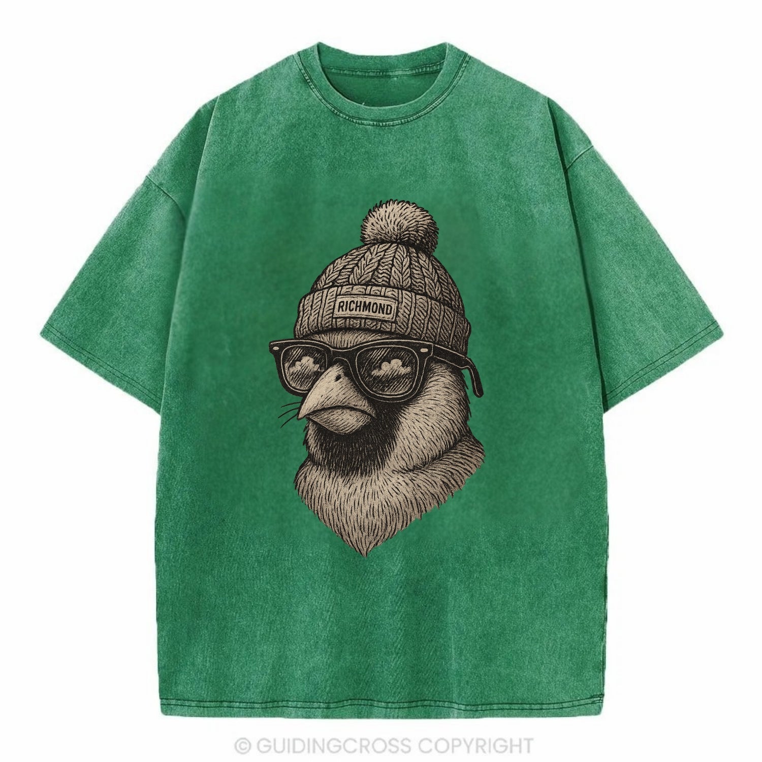 Virginia Cardinal wearing Richmond beanie with pom pom and wayfarer sunglasses - Vintage T-shirt - Forest Mist(Green)