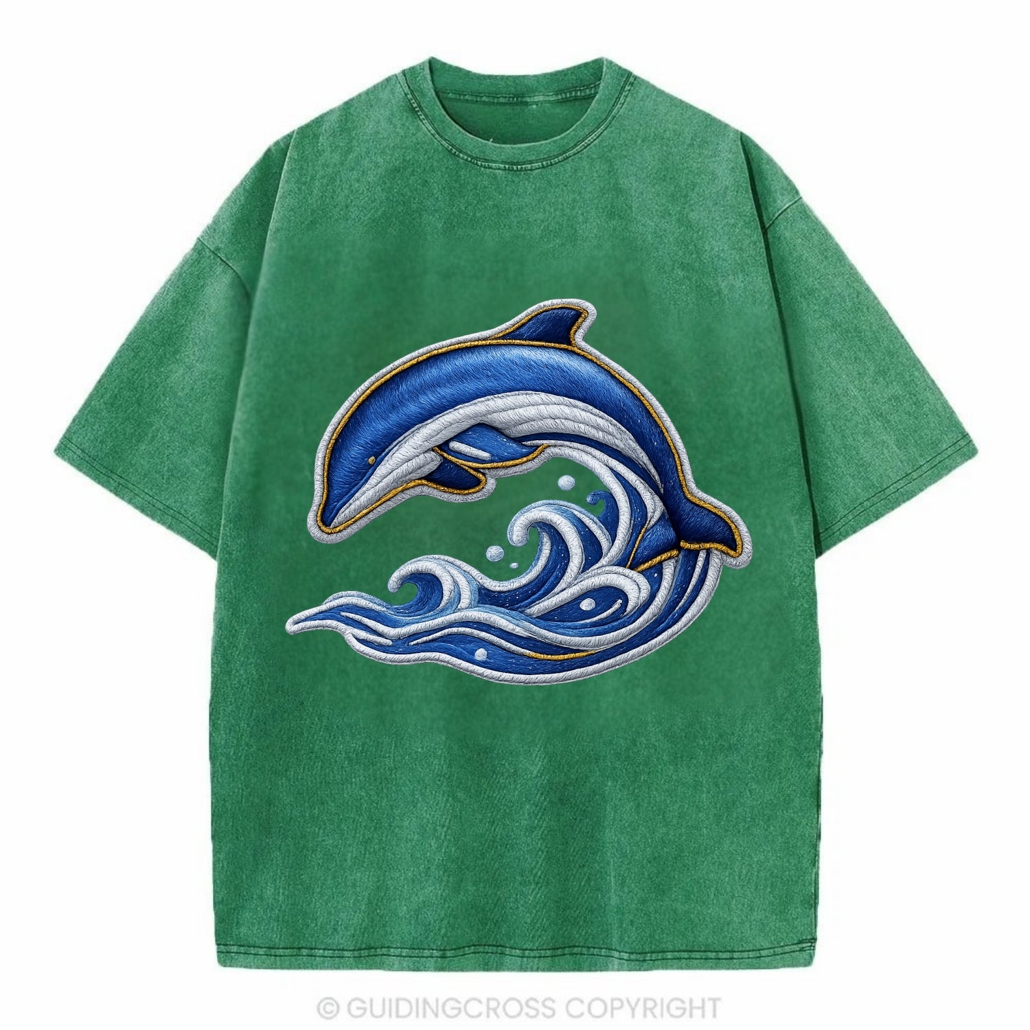 Embroidered patch design - SWIMMING DOLPHIN - diving dolphin with waves in blue - Vintage T-shirt - Forest Mist(Green)