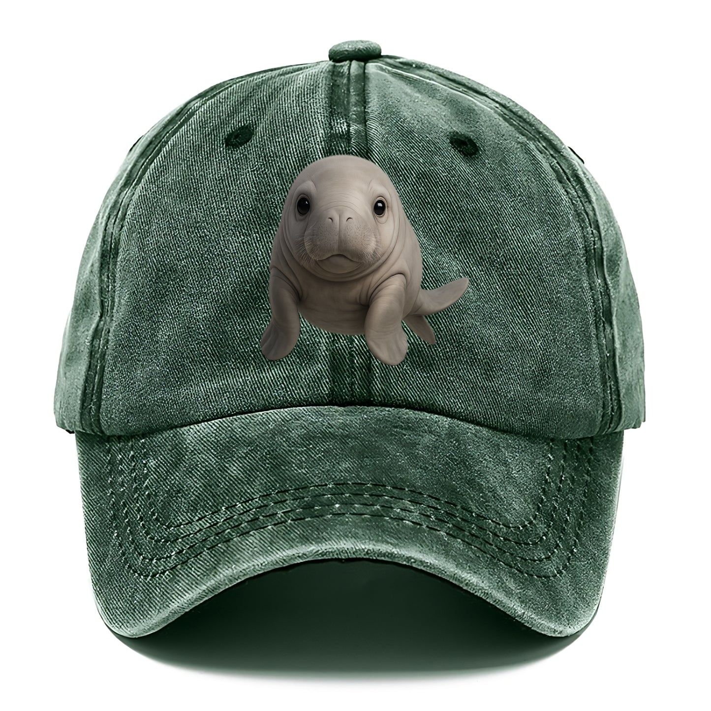 Baby Dugong - gray with paddle tail, gentle expression, whiskers, front-facing, sweet - Classic Cap - Forest Mist(Green)