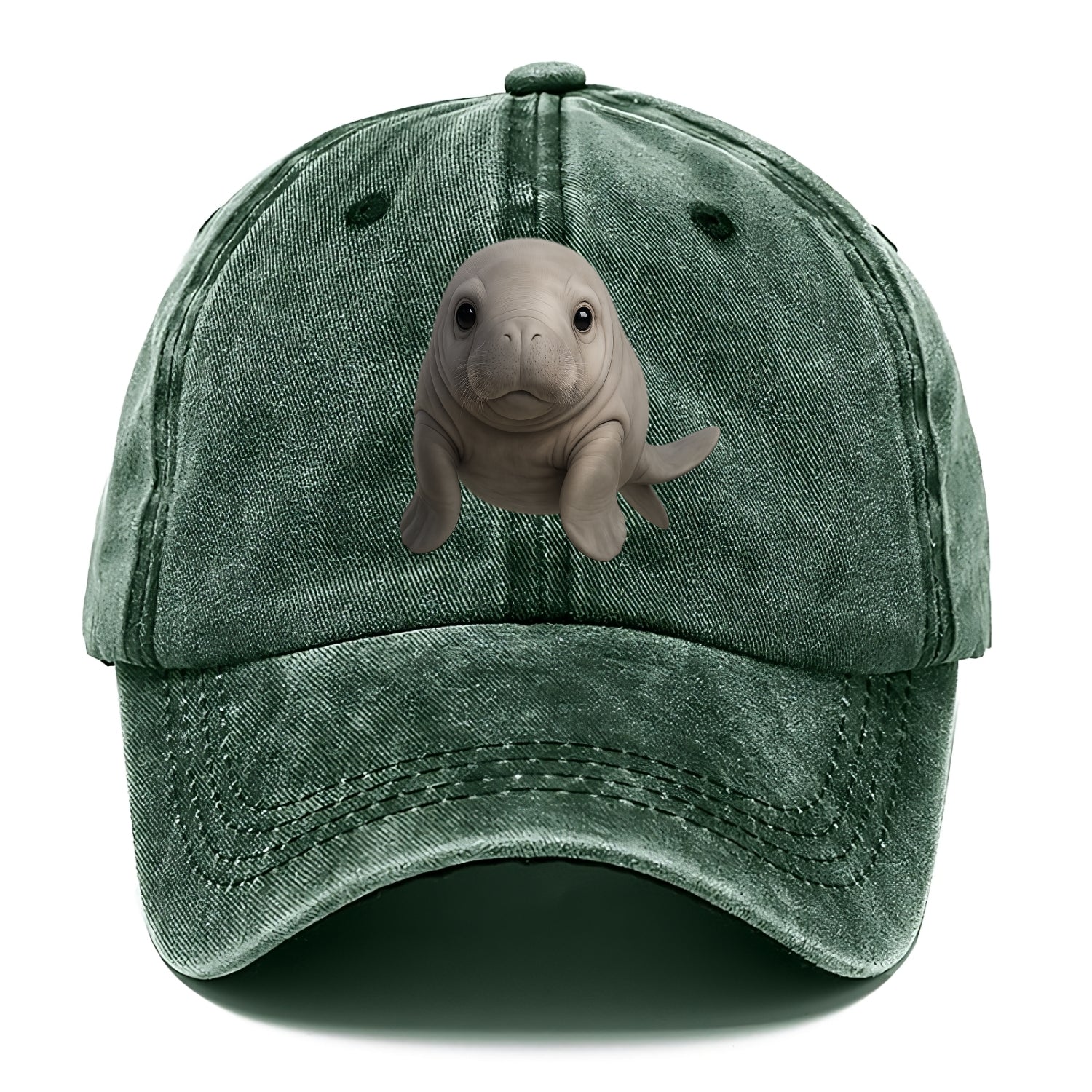 Baby Dugong - gray with paddle tail, gentle expression, whiskers, front-facing, sweet - Classic Cap - Forest Mist(Green)