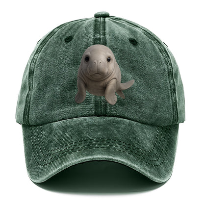 Baby Dugong - gray with paddle tail, gentle expression, whiskers, front-facing, sweet - Classic Cap - Forest Mist(Green)