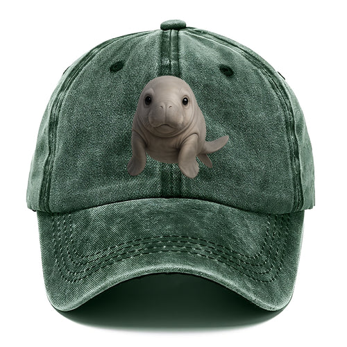 Baby Dugong - gray with paddle tail, gentle expression, whiskers, front-facing, sweet - Classic Cap