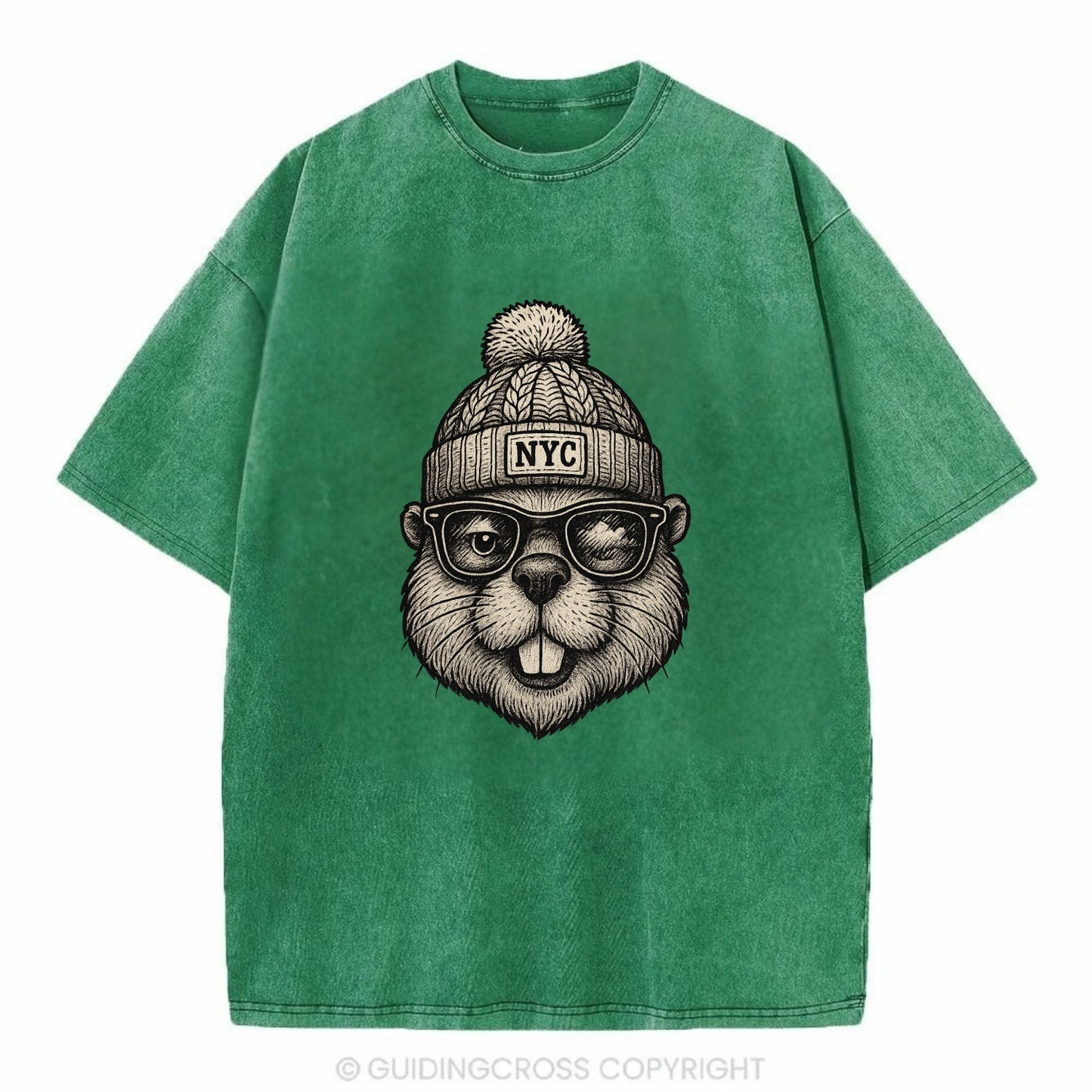 New York Beaver wearing NYC beanie with pom pom and wayfarer sunglasses - Vintage T-shirt - Forest Mist(Green)