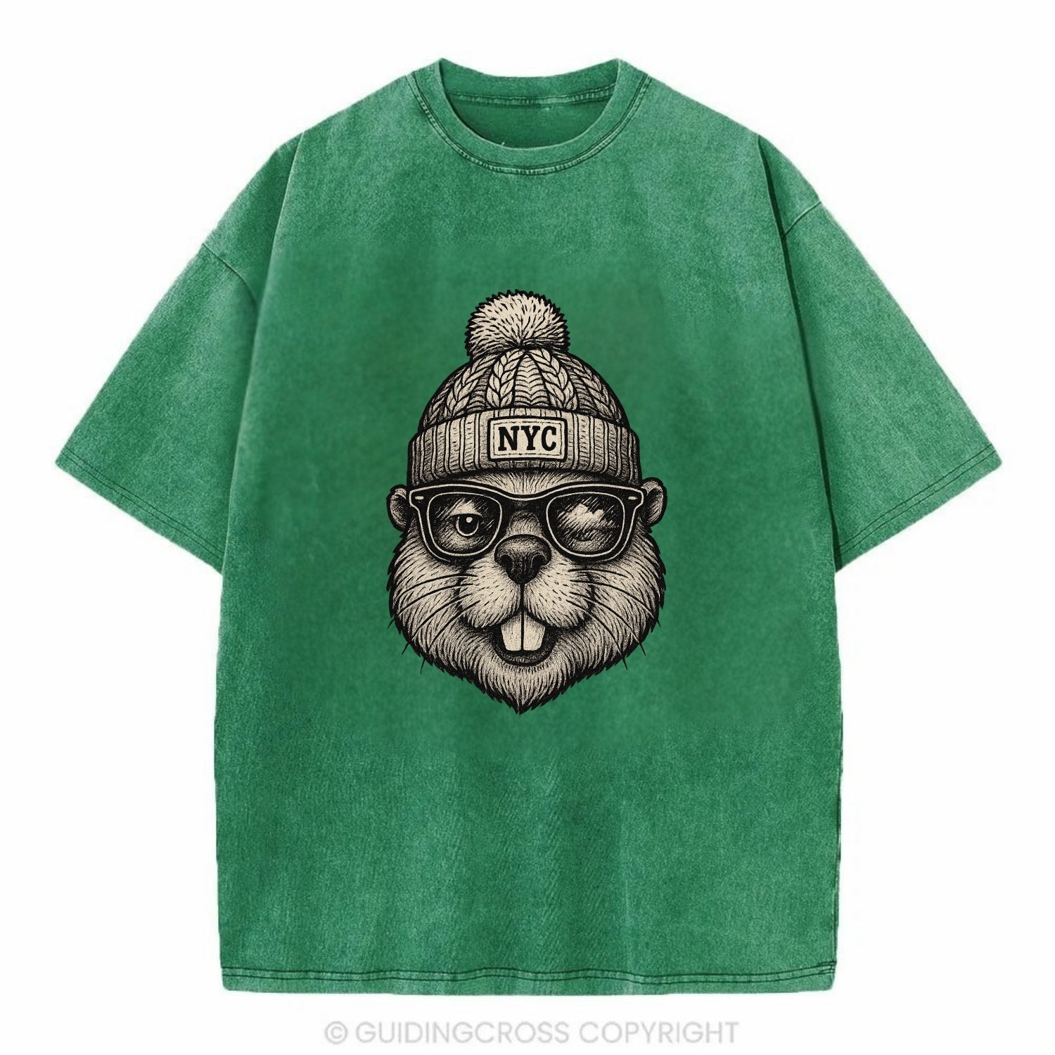 New York Beaver wearing NYC beanie with pom pom and wayfarer sunglasses - Vintage T-shirt - Forest Mist(Green)