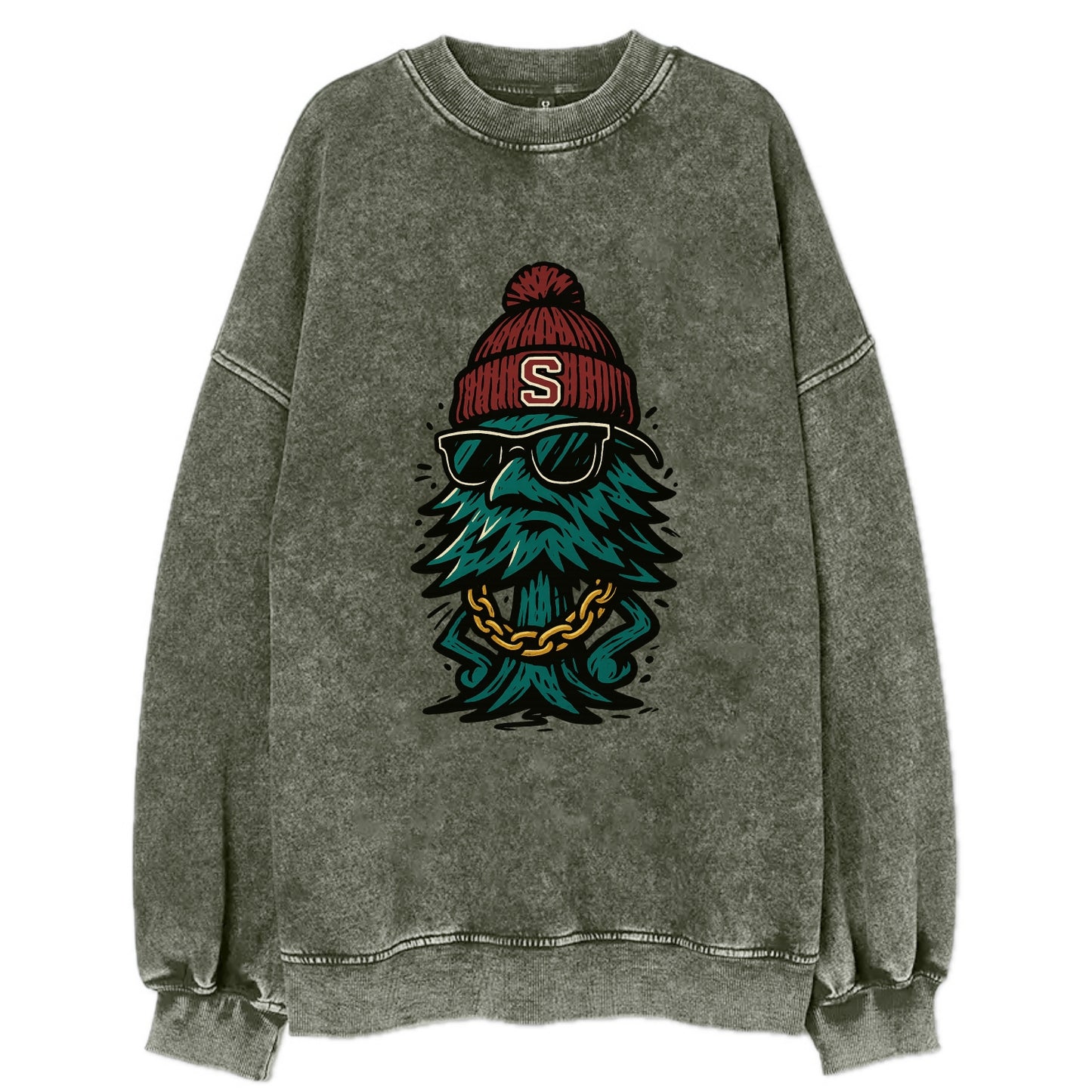 Palo Alto Tree wearing Stanford beanie with S patch - Vintage Sweatshirt - Forest Mist(Green)