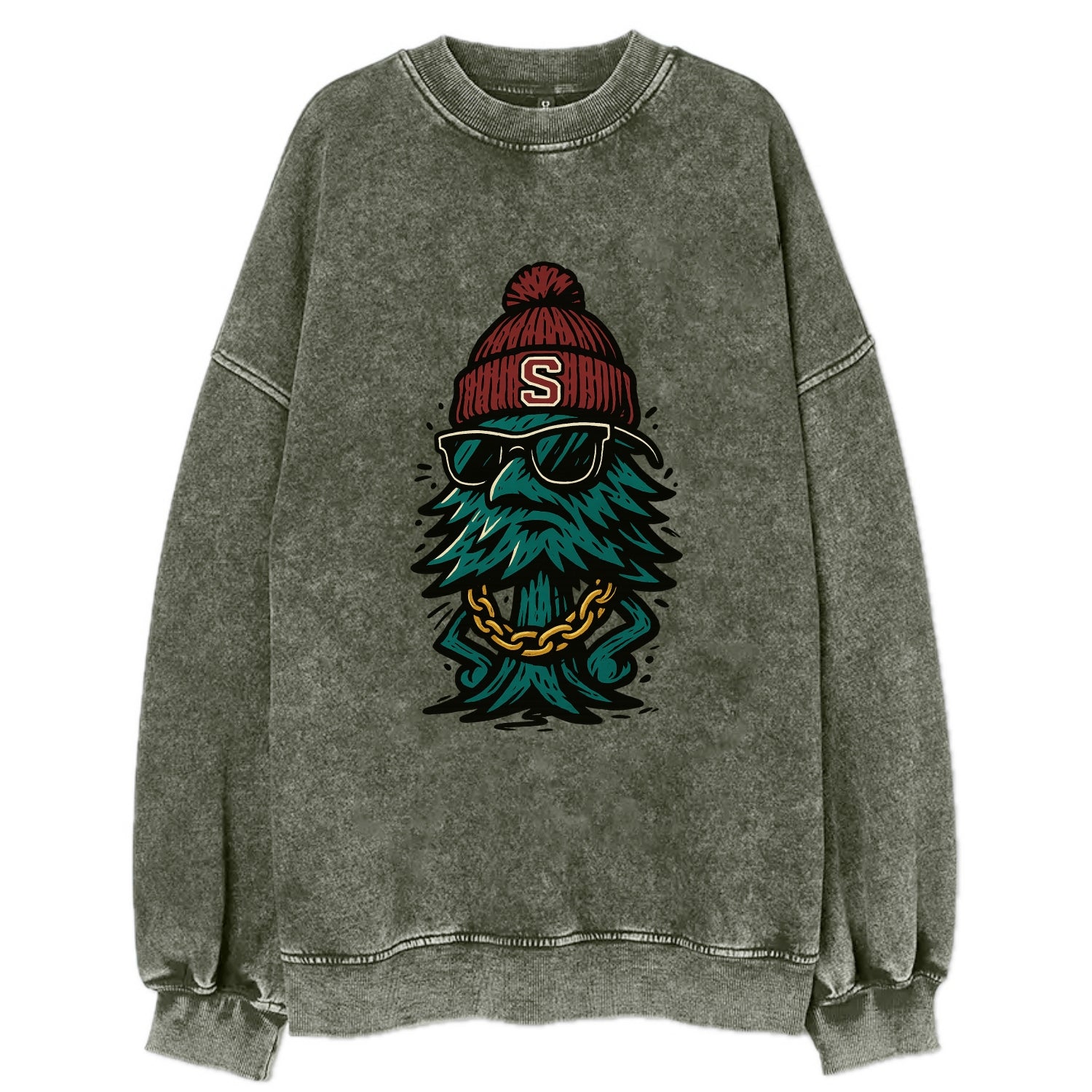 Palo Alto Tree wearing Stanford beanie with S patch - Vintage Sweatshirt - Forest Mist(Green)