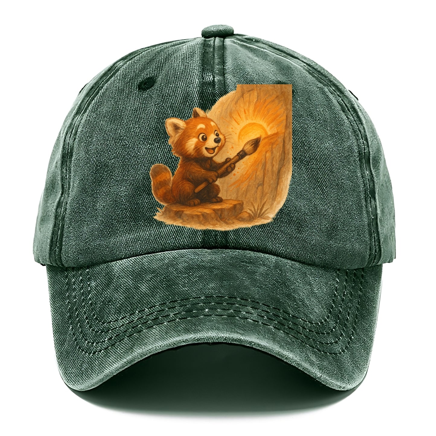Red panda painting a sunrise mural with an oversized calligraphy brush on a cliff wall - Classic Cap - Forest Mist(Green)