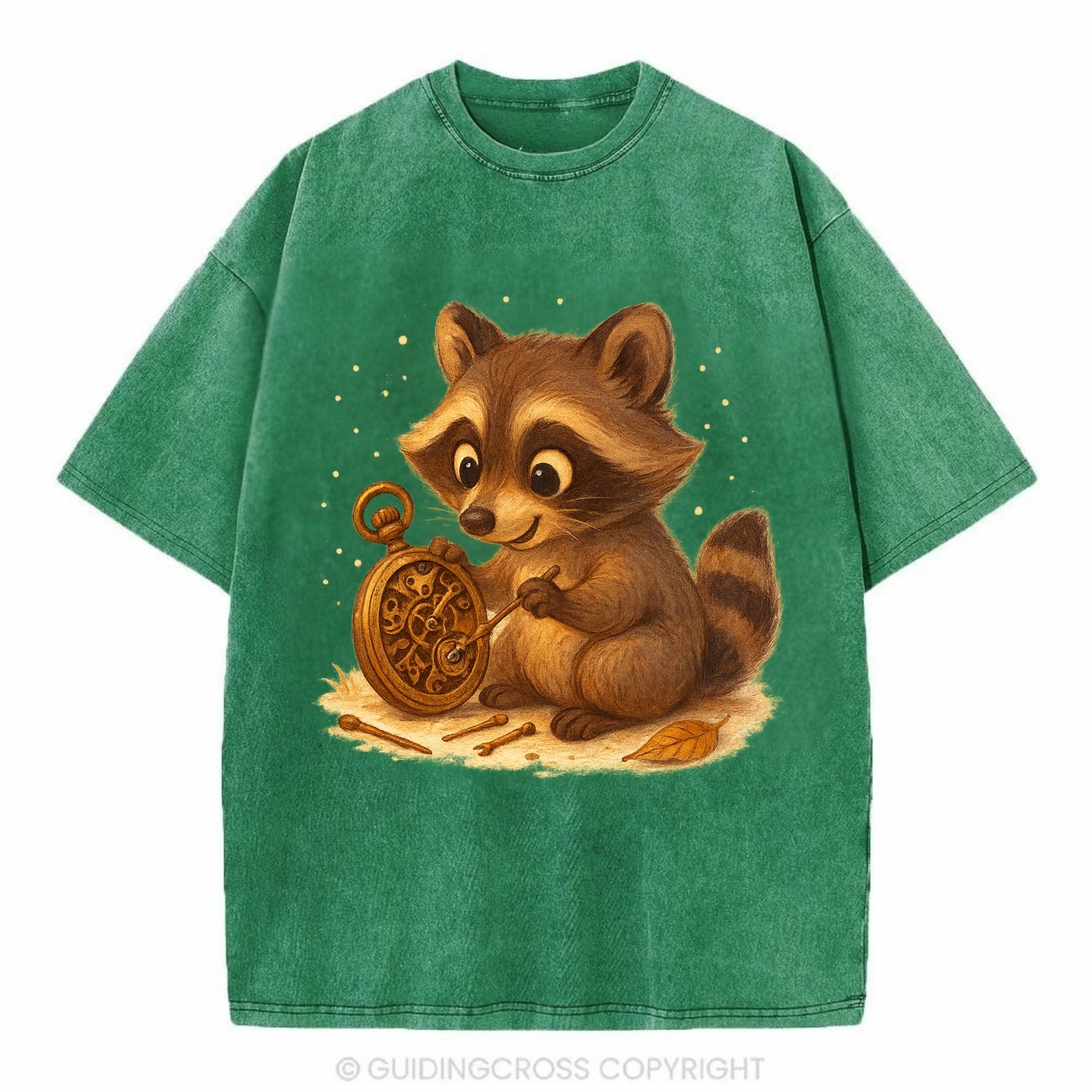 Raccoon tinkering with a steampunk pocket watch using tiny brass tools - Vintage T-shirt - Forest Mist(Green)