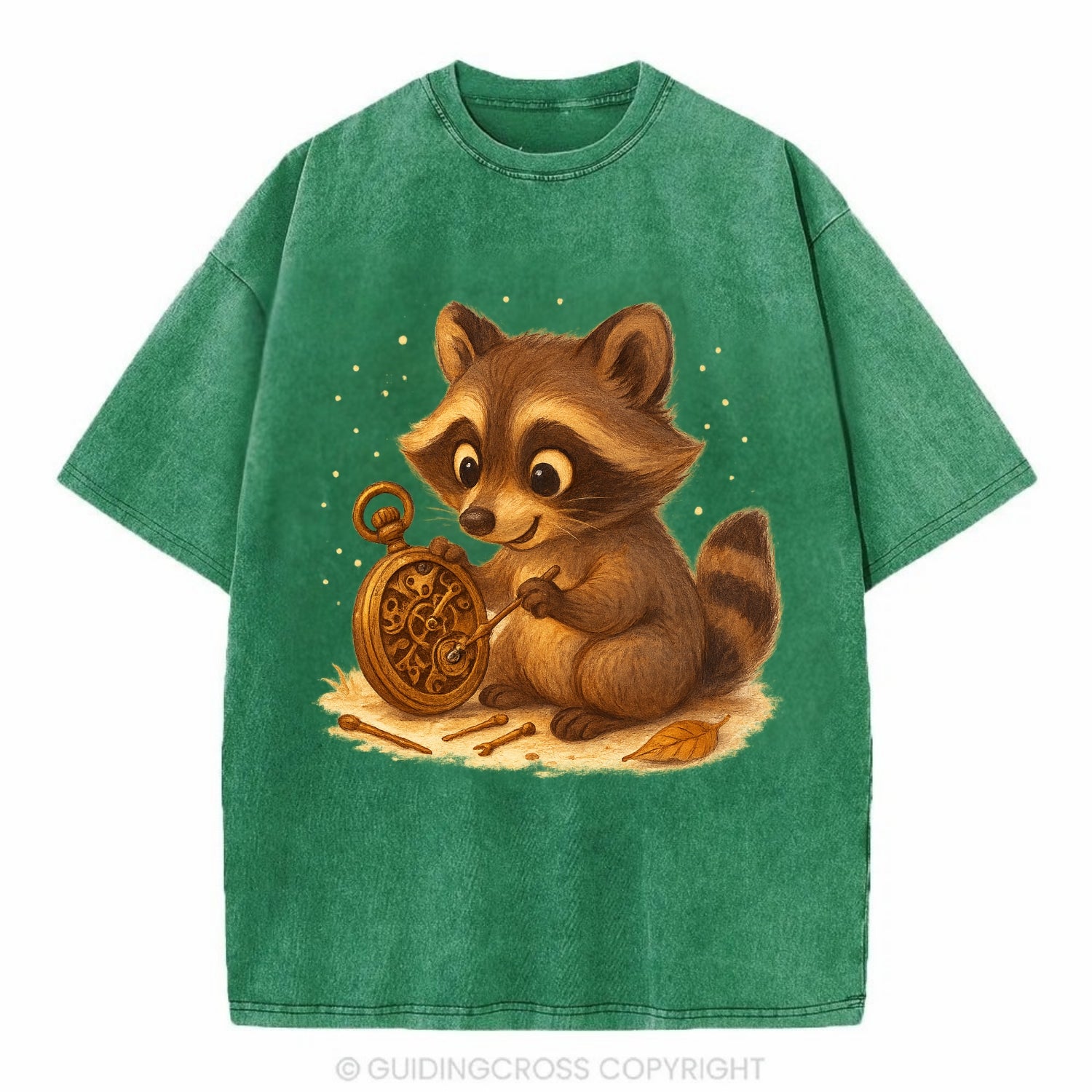 Raccoon tinkering with a steampunk pocket watch using tiny brass tools - Vintage T-shirt - Forest Mist(Green)