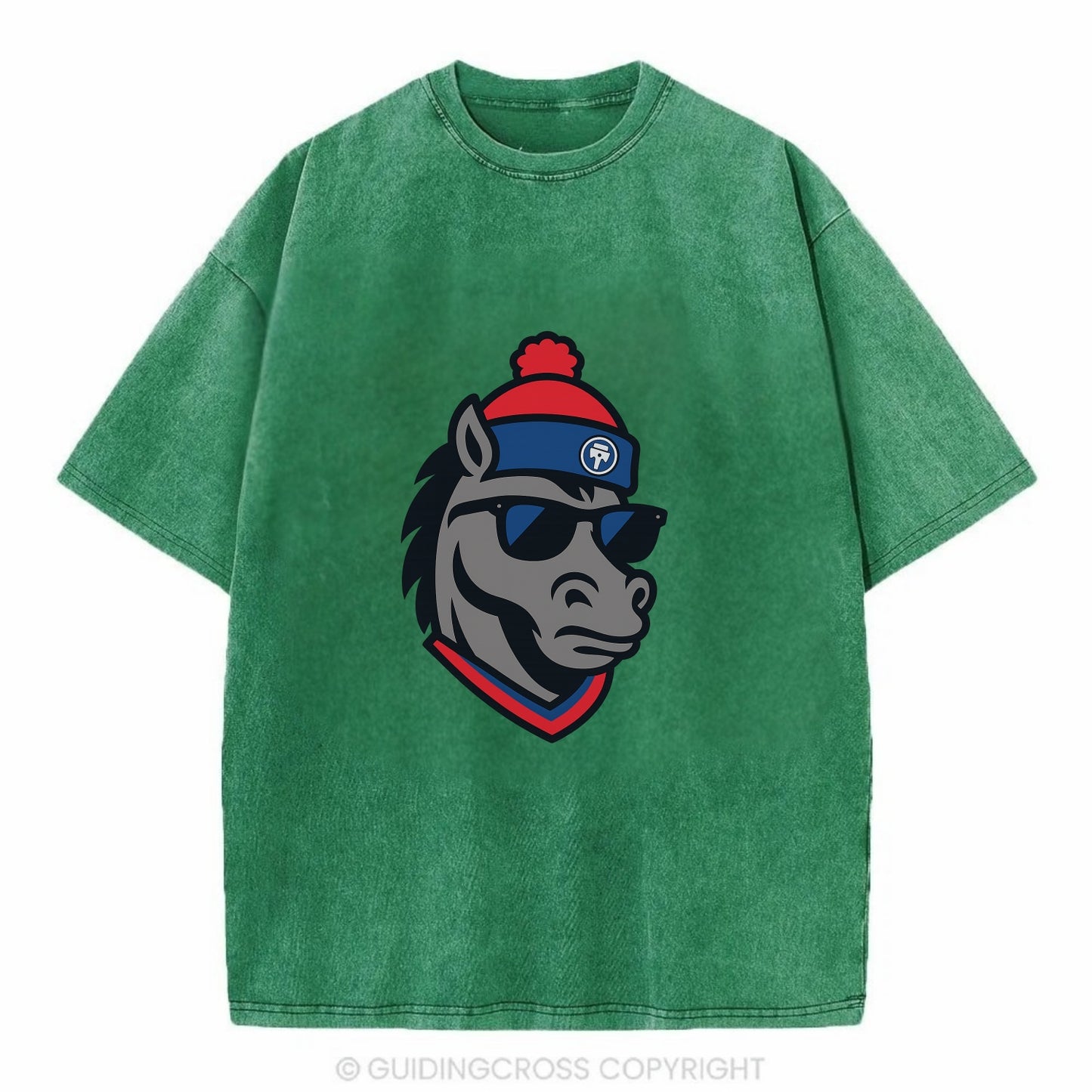 Detroit Stallion wearing Pistons red and blue beanie with piston patch and - Vintage T-shirt - Forest Mist(Green)