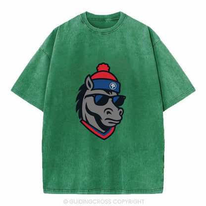 Detroit Stallion wearing Pistons red and blue beanie with piston patch and - Vintage T-shirt - Forest Mist(Green)