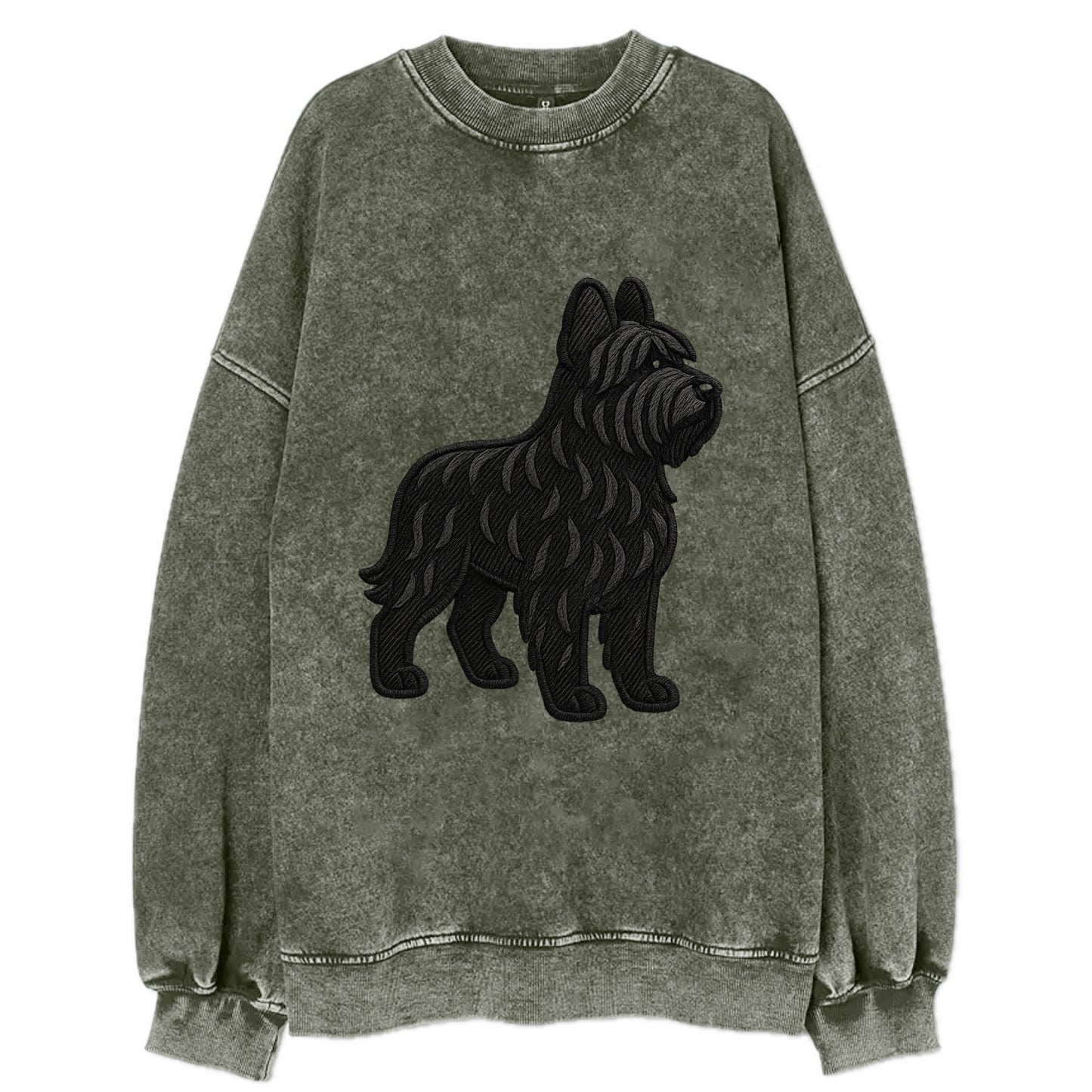 Briard - Black wavy coat embroidered herding pose - Vintage Sweatshirt - Forest Mist(Green)