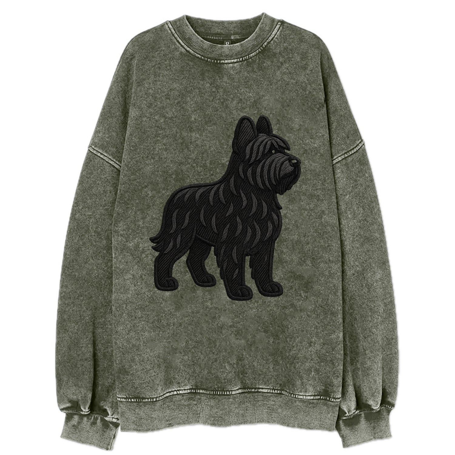 Briard - Black wavy coat embroidered herding pose - Vintage Sweatshirt - Forest Mist(Green)