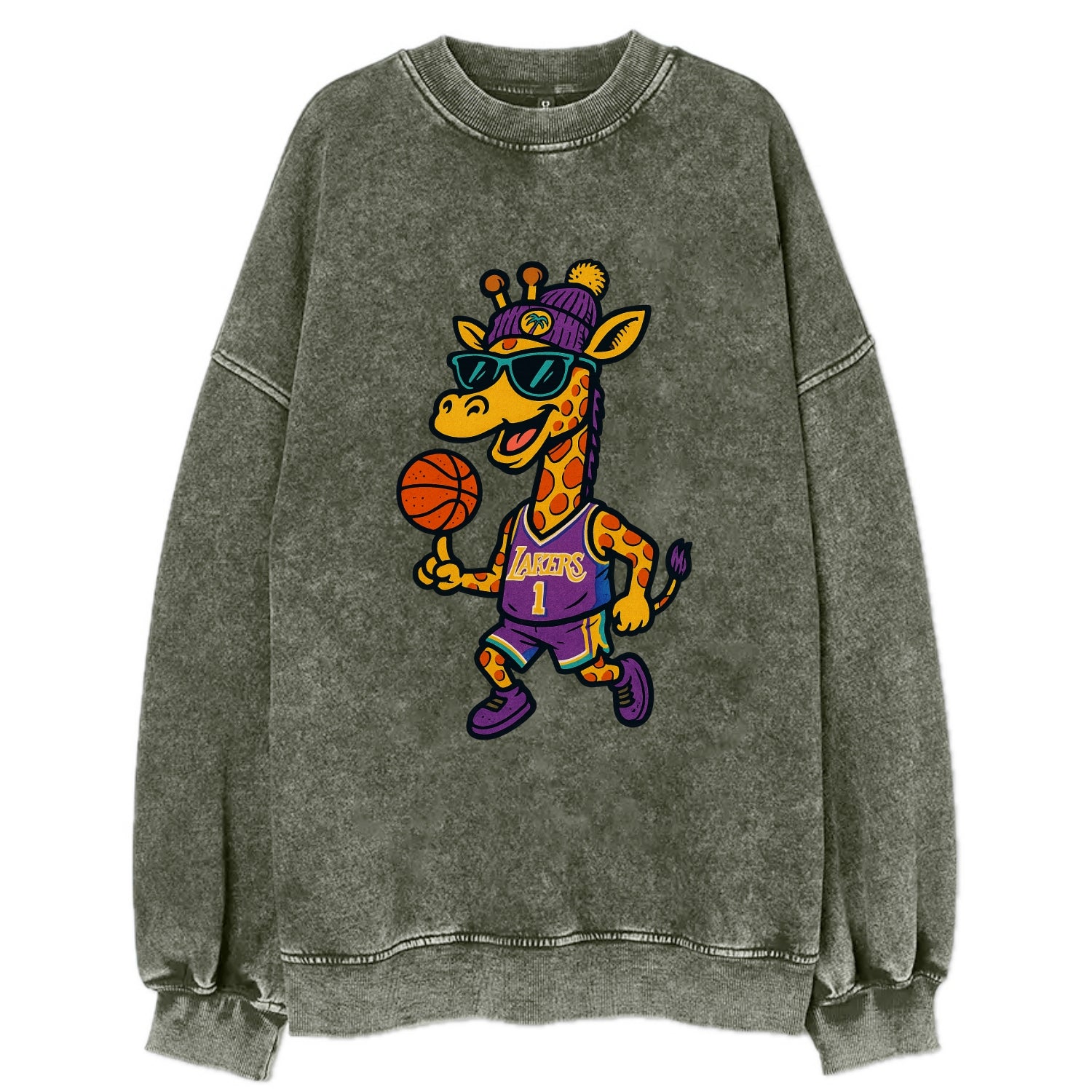 California Giraffe wearing Lakers beanie with palm tree patch and wayfarer - Vintage Sweatshirt - Forest Mist(Green)
