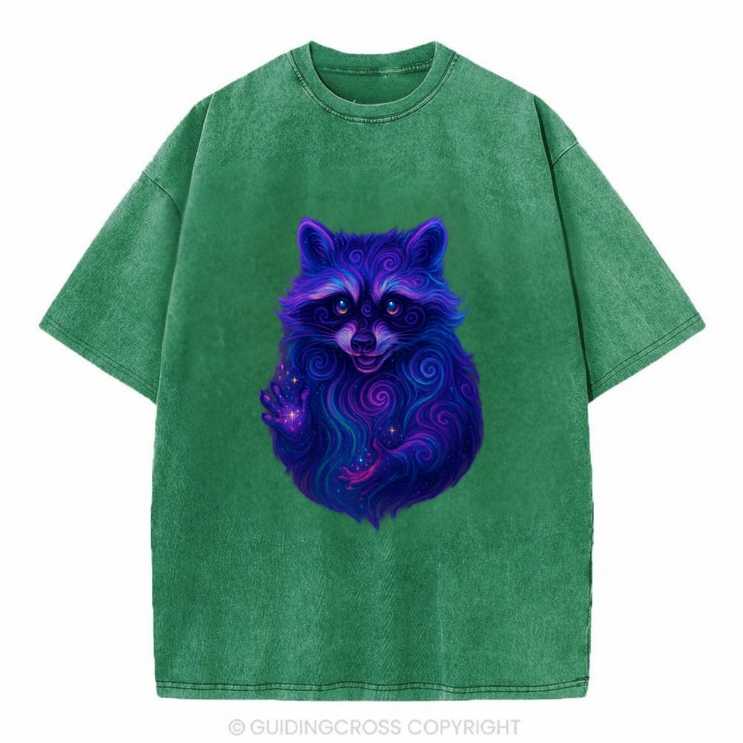 Playful raccoon with mask swirling in hypnotic patterns, neon purple and green - Vintage T-shirt - Forest Mist(Green)