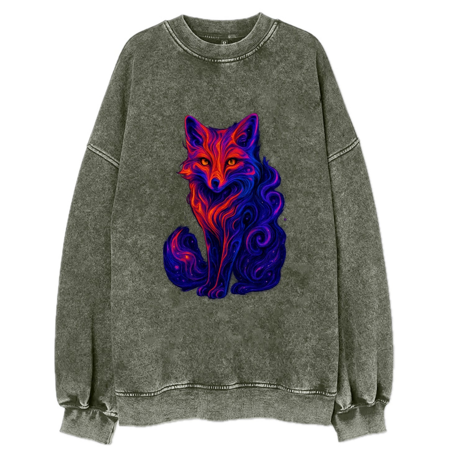 Clever fox with tail dissolving into cosmic nebula swirls, orange to purple - Vintage Sweatshirt - Forest Mist(Green)