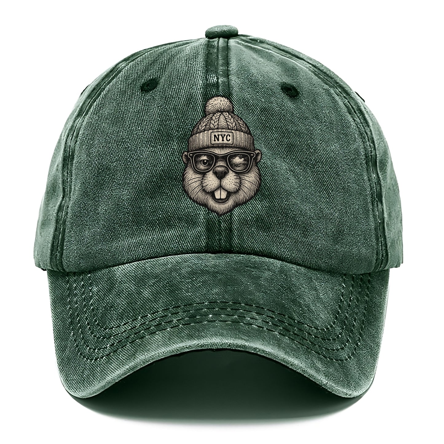 New York Beaver wearing NYC beanie with pom pom and wayfarer sunglasses - Classic Cap - Forest Mist(Green)