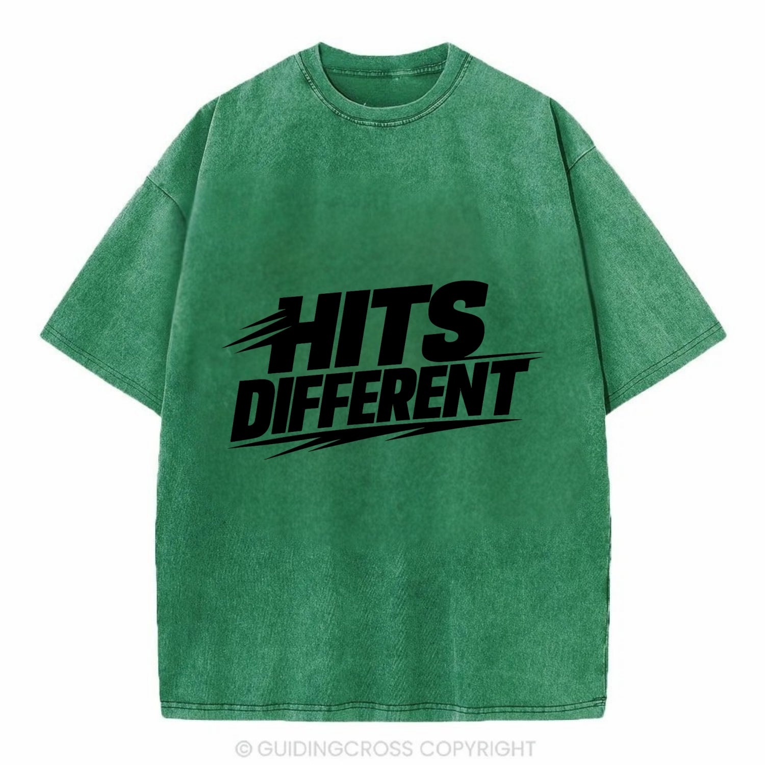 Bold typography design - "HITS DIFFERENT" - uniquely special, stands out - Vintage T-shirt - Forest Mist(Green)