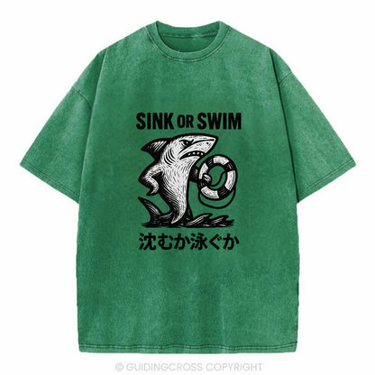 Sink or Swim - Shark holding a life pres Vintage T-shirt - Forest Mist(Green)