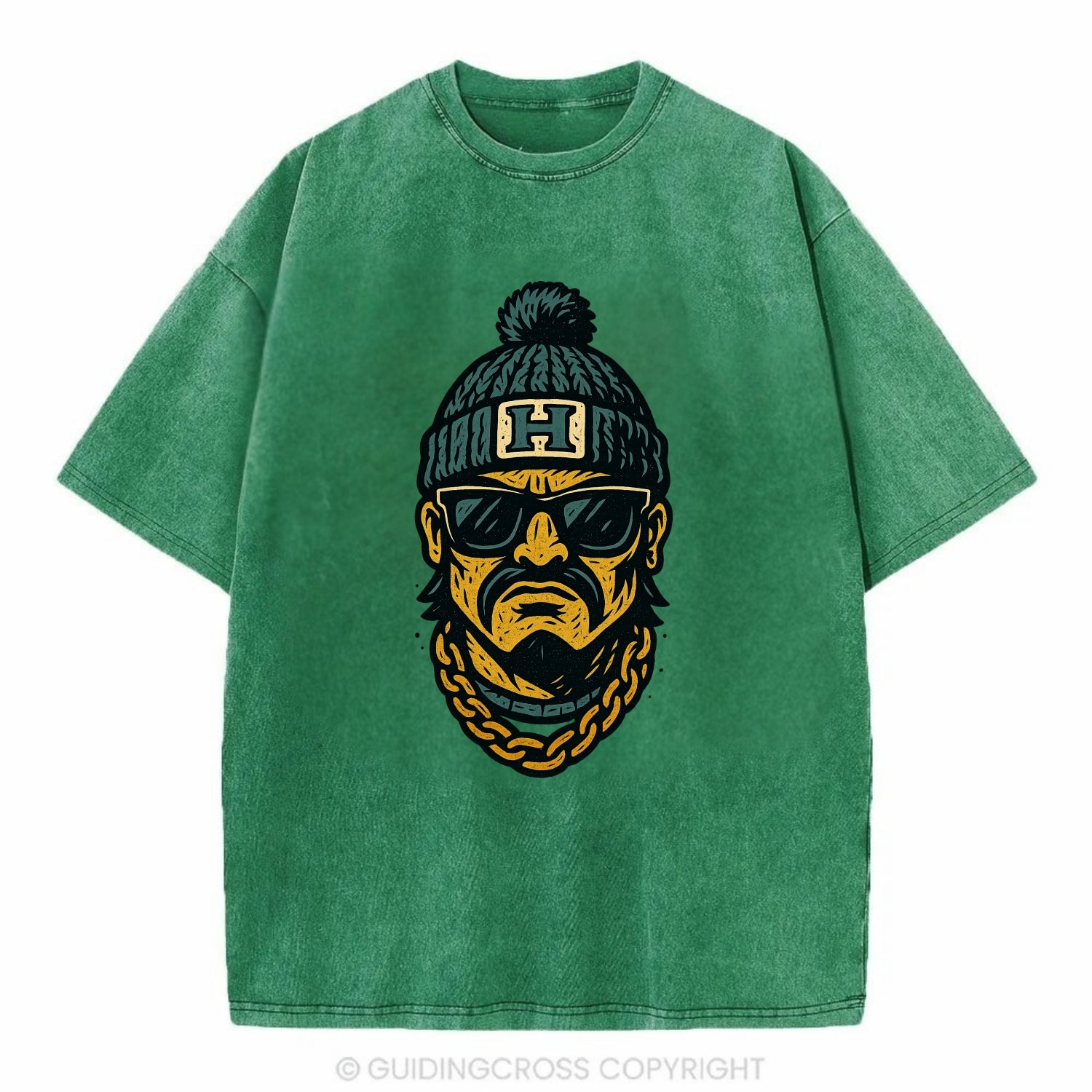 Honolulu Warrior wearing Hawaii beanie with H patch - Vintage T-shirt - Forest Mist(Green)
