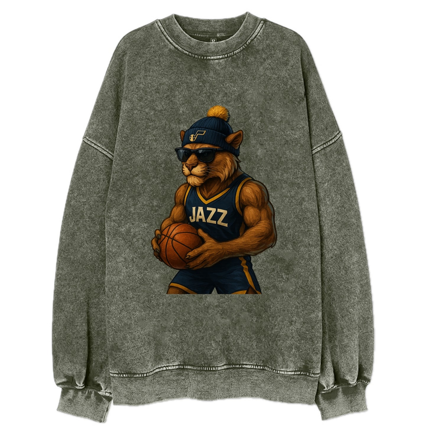 Utah Mountain Lion wearing Jazz navy and yellow beanie with music note and - Vintage Sweatshirt - Forest Mist(Green)