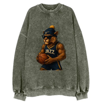 Utah Mountain Lion wearing Jazz navy and yellow beanie with music note and - Vintage Sweatshirt - Forest Mist(Green)