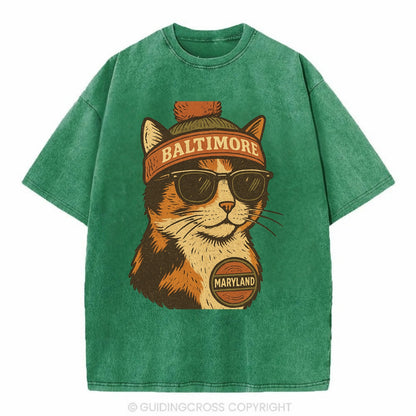 Maryland Calico Cat wearing Baltimore beanie with pom pom and wayfarer sunglasses - Vintage T-shirt - Forest Mist(Green)