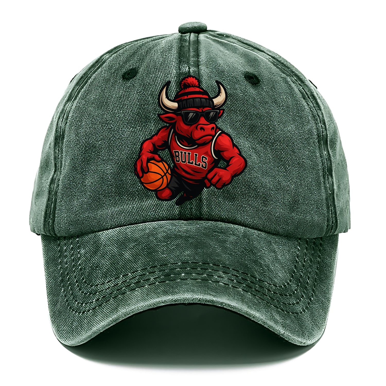 Chicago Bull wearing Bulls red and black beanie with horns design and wayfarer - Classic Cap - Forest Mist(Green)