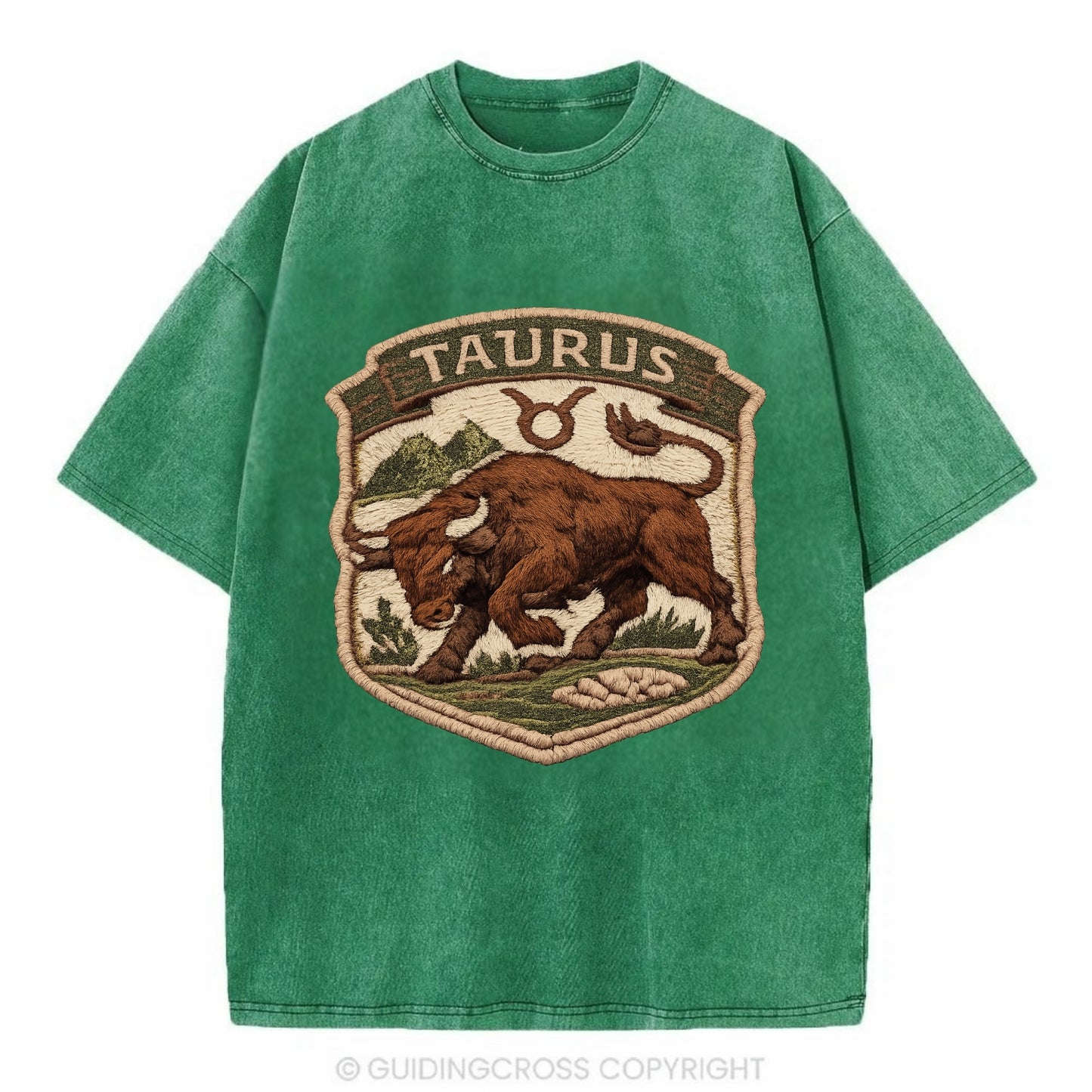 TAURUS BULL - strong bull in brown and green , earth sign - Vintage T-shirt - Forest Mist(Green)