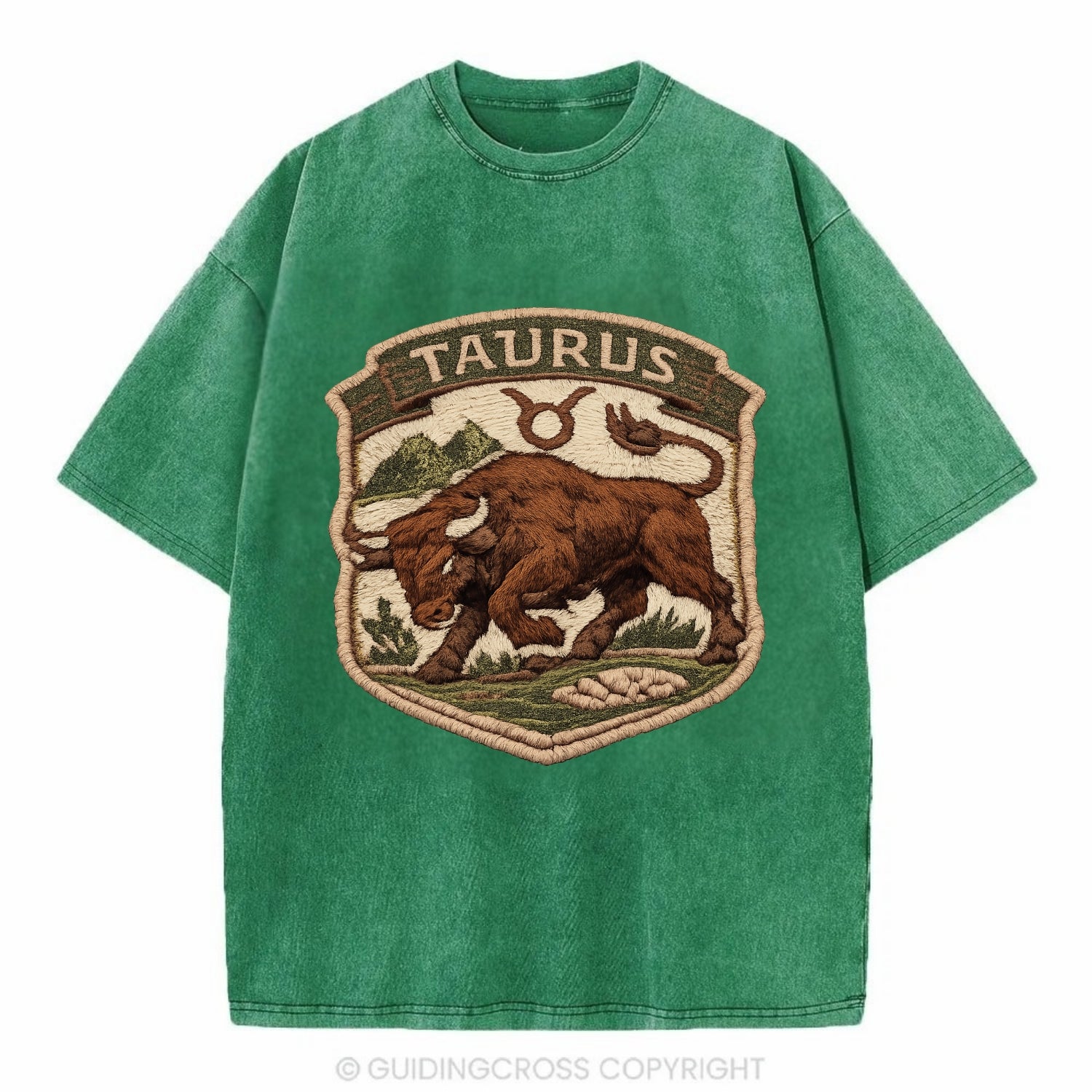 TAURUS BULL - strong bull in brown and green , earth sign - Vintage T-shirt - Forest Mist(Green)
