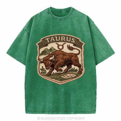 TAURUS BULL - strong bull in brown and green , earth sign - Vintage T-shirt - Forest Mist(Green)