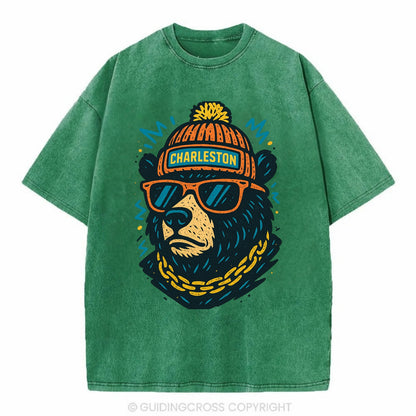 West Virginia Black Bear wearing Charleston beanie with pom pom and wayfarer - Vintage T-shirt - Forest Mist(Green)