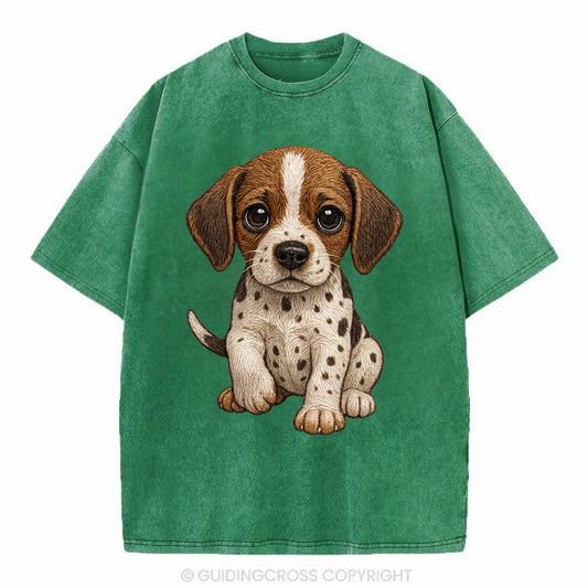 Baby Pointer Puppy - spotted coat, noble stance, alert eyes, front-facing, - Vintage T-shirt - Forest Mist(Green)