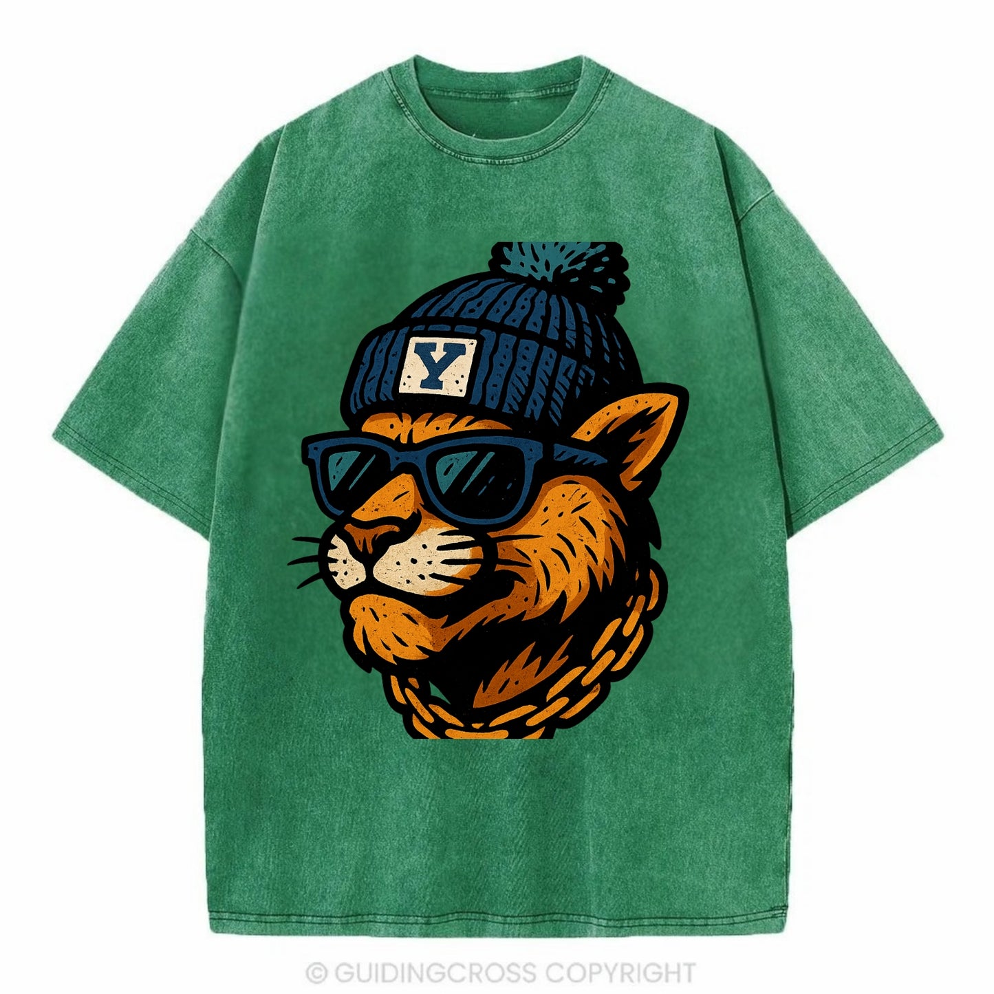 Provo Cougar wearing BYU beanie with Y patch - Vintage T-shirt - Forest Mist(Green)