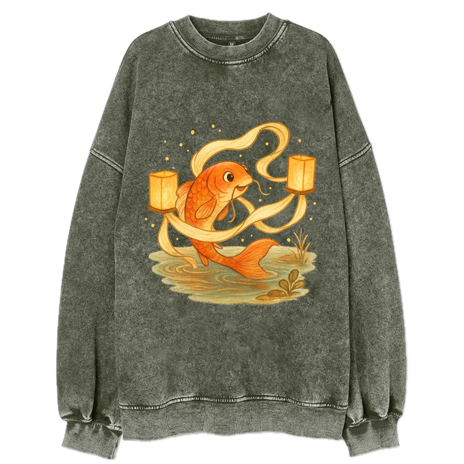 Koi weaving silk streamers through floating lanterns on tranquil water - Vintage Sweatshirt - Forest Mist(Green)